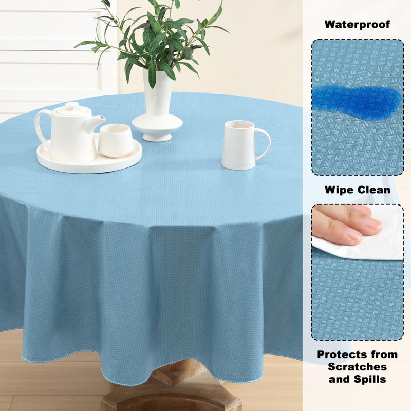 Newbridge Basketweave Vinyl Flannel Backed Tablecloth, 70 Inch Round, Blue, Basket Weave Textured Indoor Outdoor Waterproof Table Cover for Patio, Kitchen, Dining - Image 3